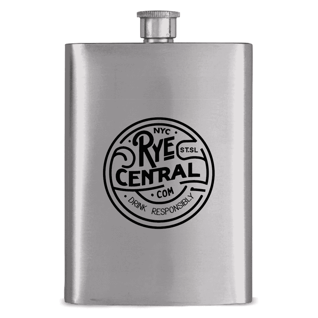 Whiskey Stainless Steel Flask Stylish & Durable Choice featuring RyeCentral logo, ideal for barware and on-the-go hydration. Sleek and compact hip flask.