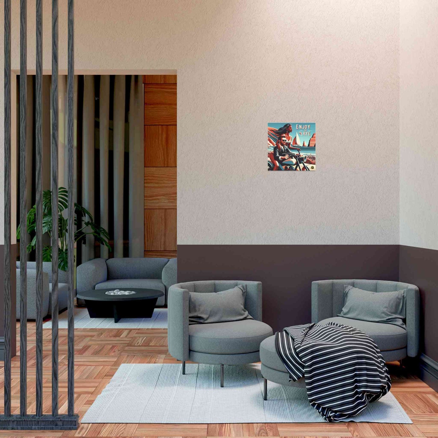 Whiskey Poster Elegance Enjoy the Rye Design adds a vibrant focal point to a contemporary lounge with wood accents and modern furniture.