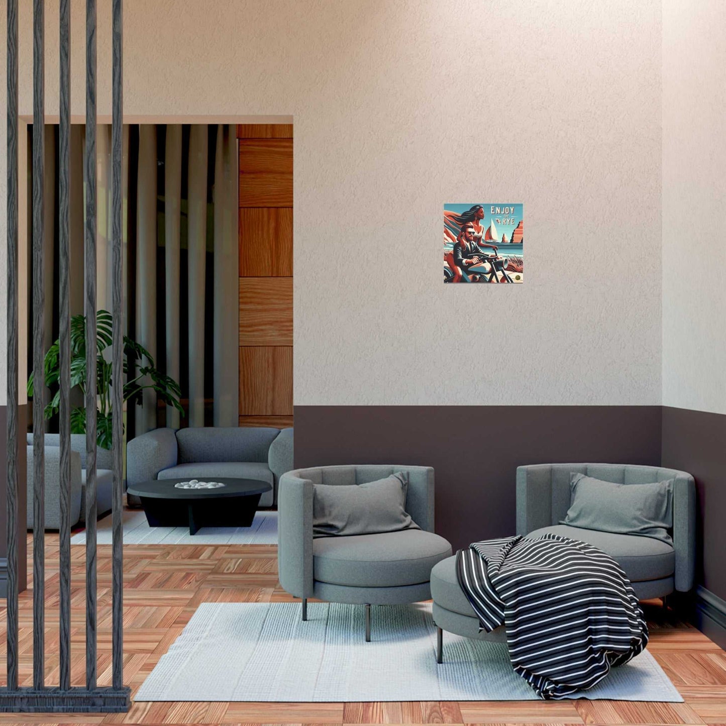 Whiskey Poster Elegance Enjoy the Rye Design adds a vibrant focal point to a contemporary lounge with wood accents and modern furniture.