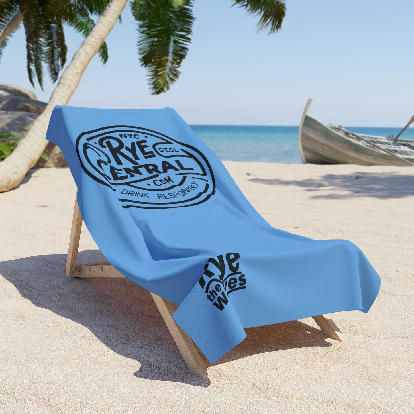 Fun Rye Whiskey beach towel covering a beach chair under palm trees, showcasing its vibrant design for stylish beach days and decor flair.
