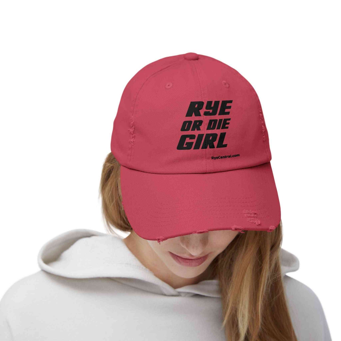 Front view of the Distressed Whiskey Hat 'Rye Or Die Girl' in bold black text on red cotton, perfect for women who love whiskey and bold fashion.