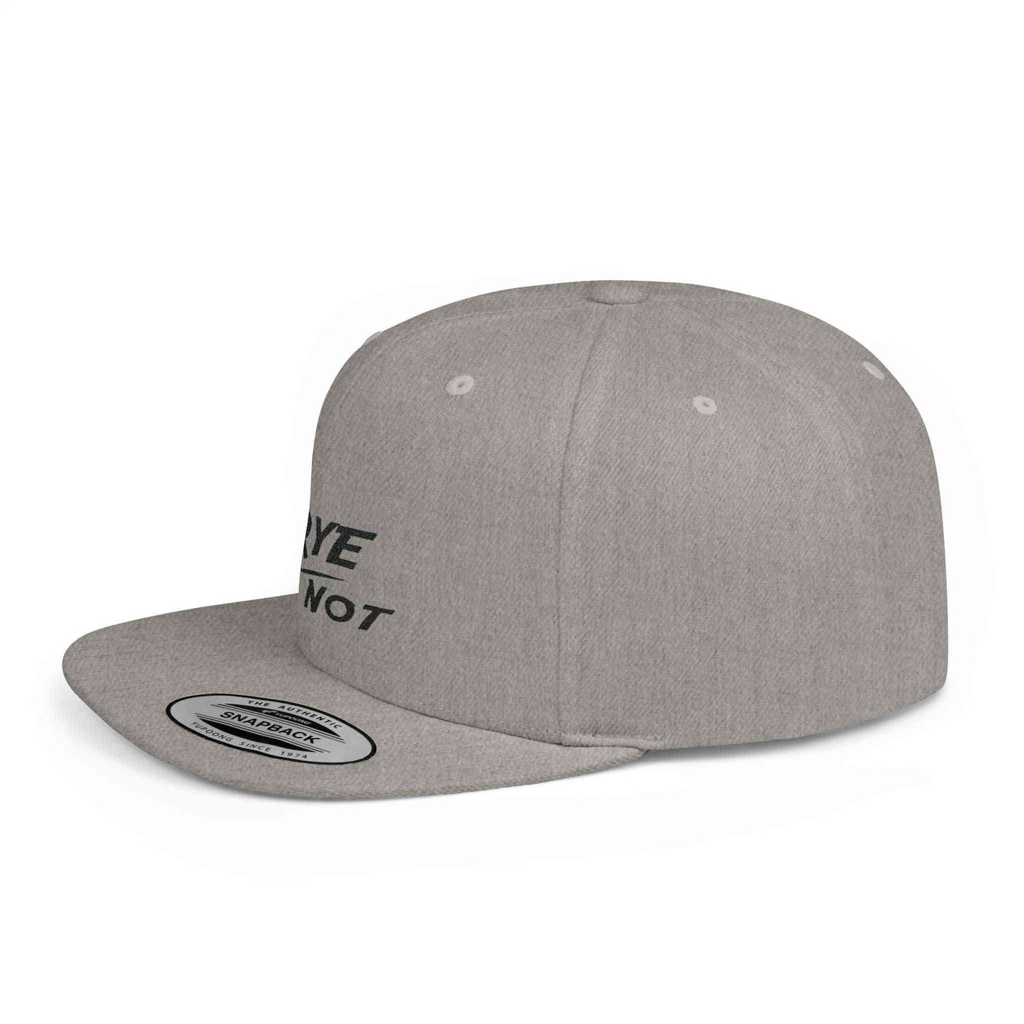 Side view of light gray Whiskey Flat Bill Dad Cap with embroidered 'RYE NOT' text, a stylish accessory for whiskey fans.