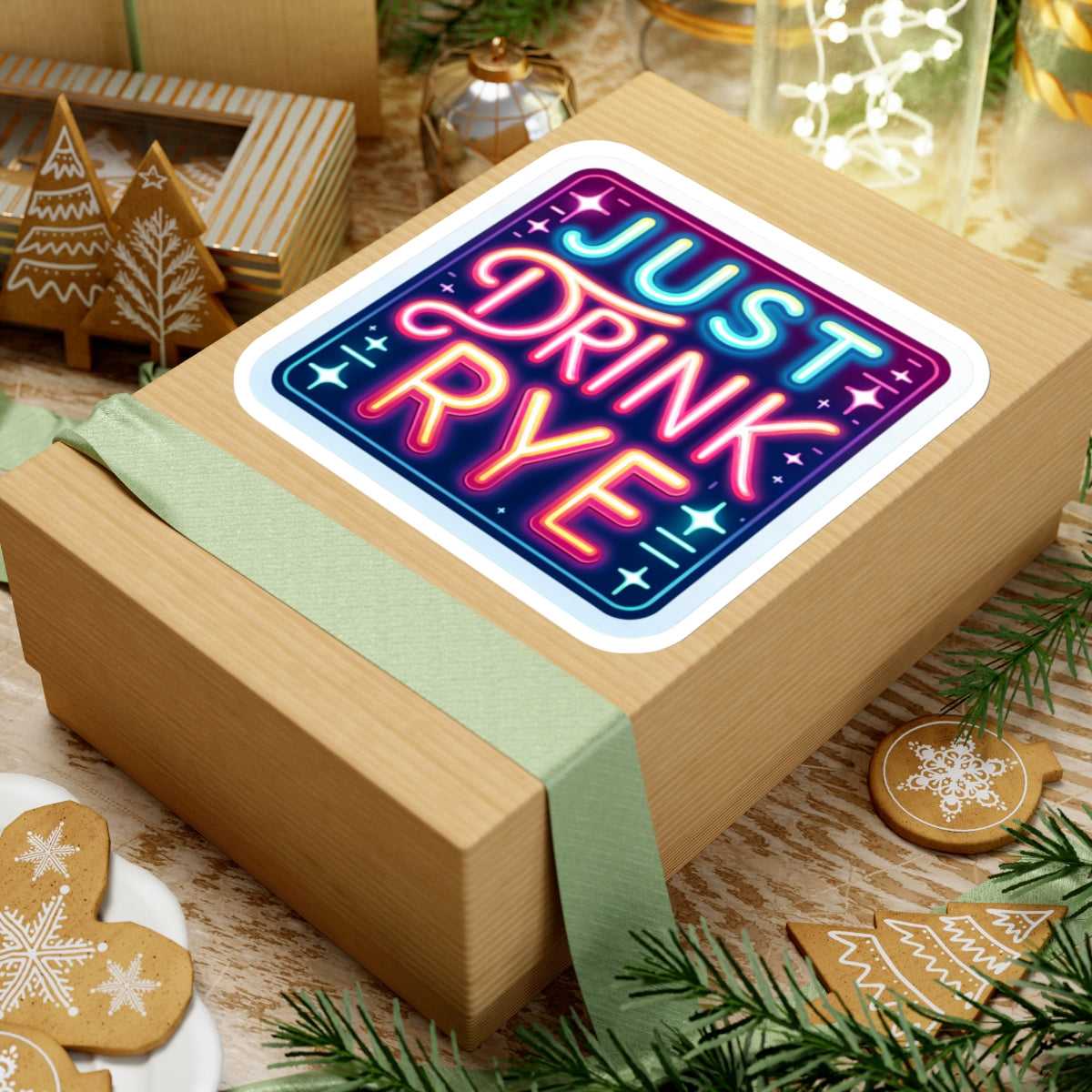 Festive gift box adorned with a 'Just Drink Rye' Rye Whiskey Sticker, a fun and unique way to celebrate whiskey culture in style.