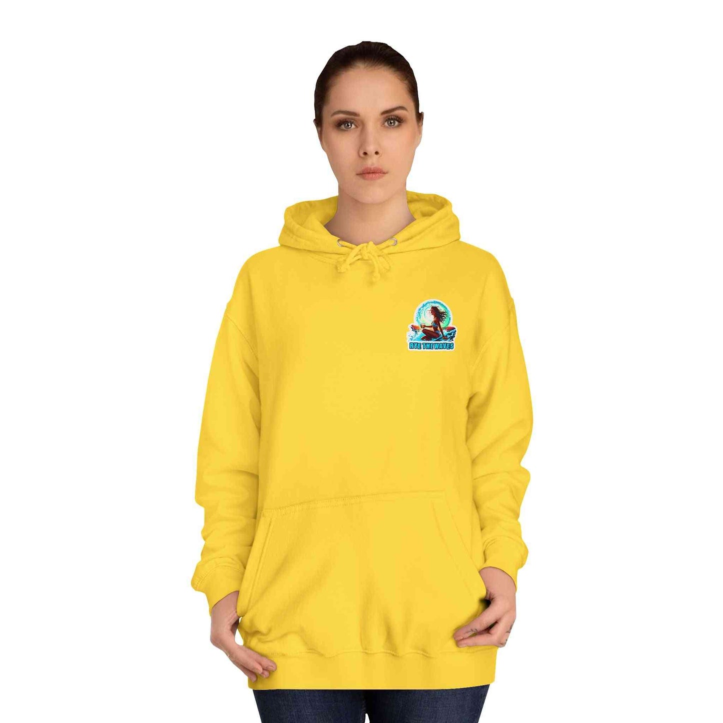 Unisex College Whiskey Hoodie in bright yellow with 'Rye The Waves' graphic on chest, offering cozy comfort and trendy oversized fit.