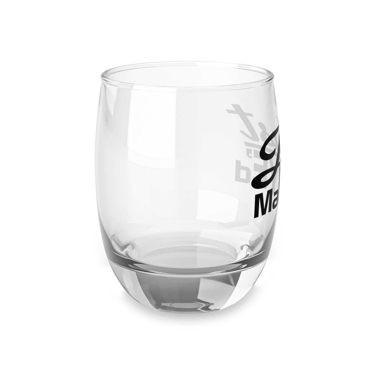 Angled side view of Just MaRYE'd wedding whiskey glass emphasizing its durable build and fun design for unique wedding barware essentials.