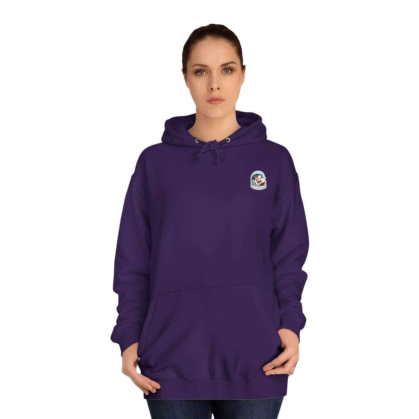 Purple Coastal Whiskey Hoodie Unisex on woman, designed with front logo and cozy oversized style.