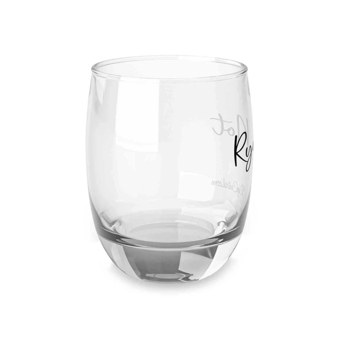 Angled view of the personalized rye whiskey glass with partial 'Rye Not' text, showcasing glossy print and American-made quality.