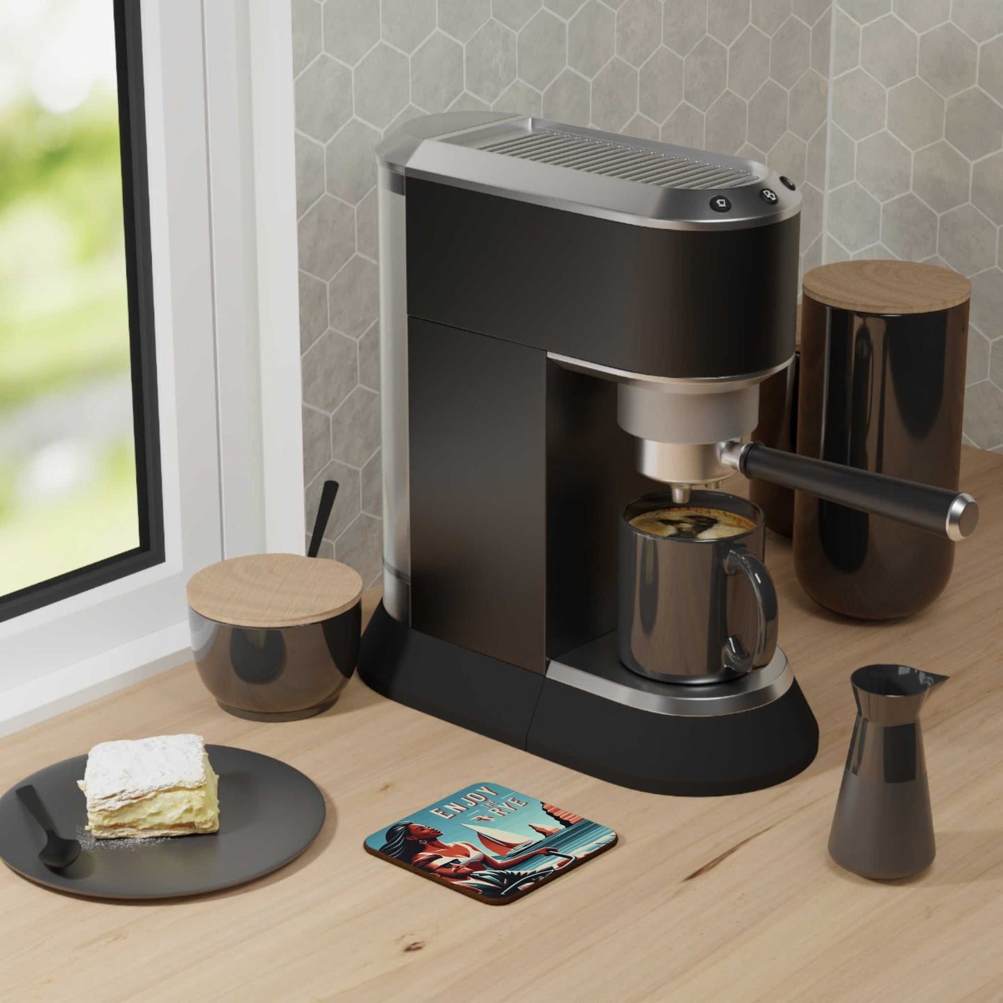 Hardboard drink coaster for whiskey lovers placed beside a coffee machine, showcasing its decorative and protective use in kitchen or home bar.