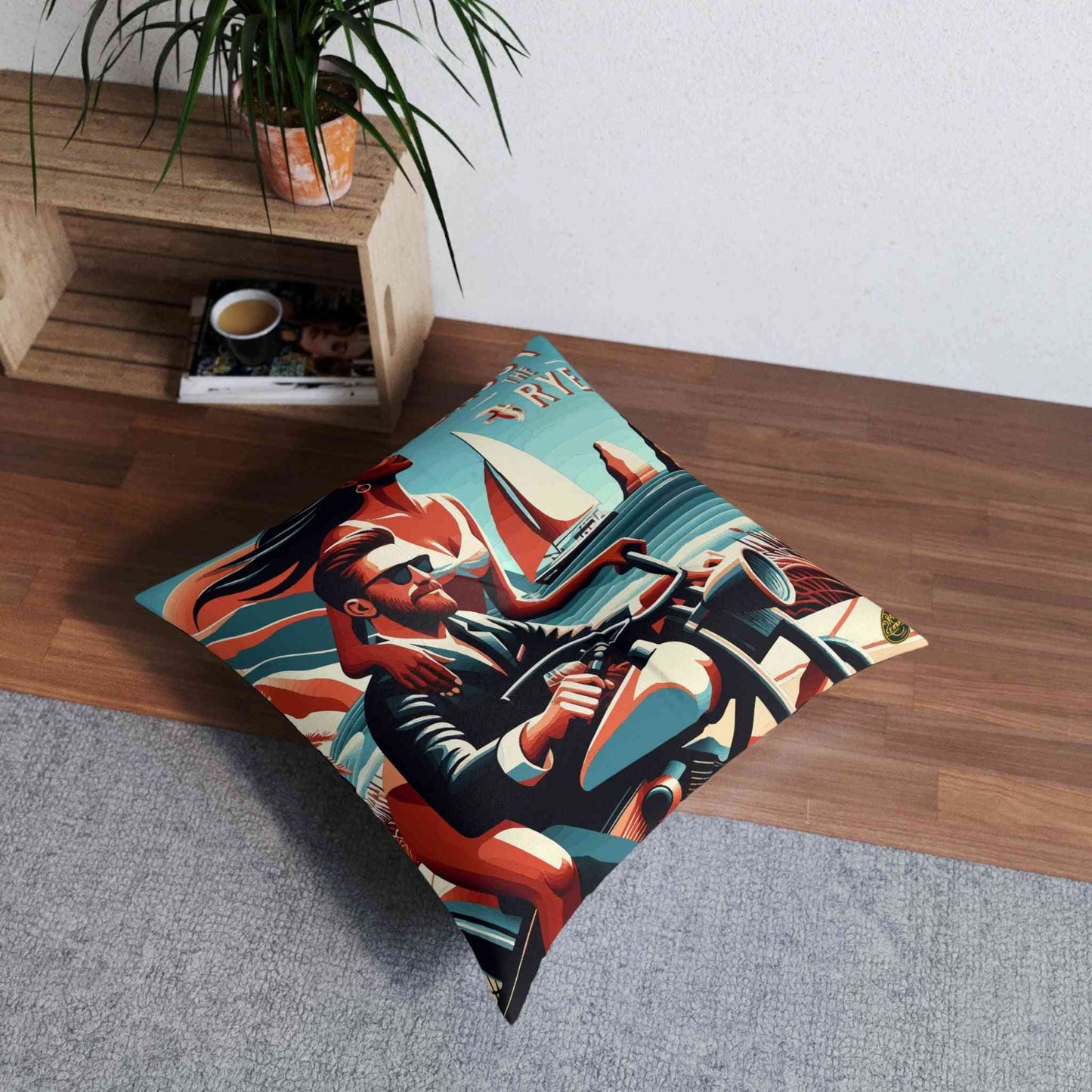 Floor view of Whiskey Pillow with vibrant seaside and motorcycle design, adding stylish comfort to any whiskey lover’s living space.