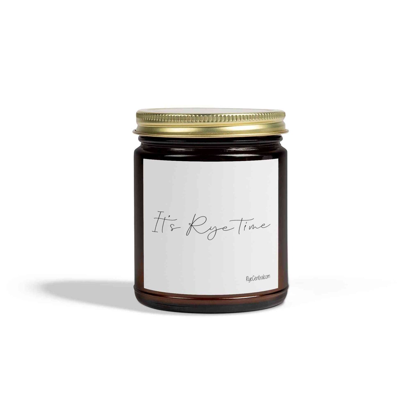 Dark amber 'It's Rye Time' candle with gold lid, a sophisticated whiskey-scented candle gift for him or her, made in the USA.