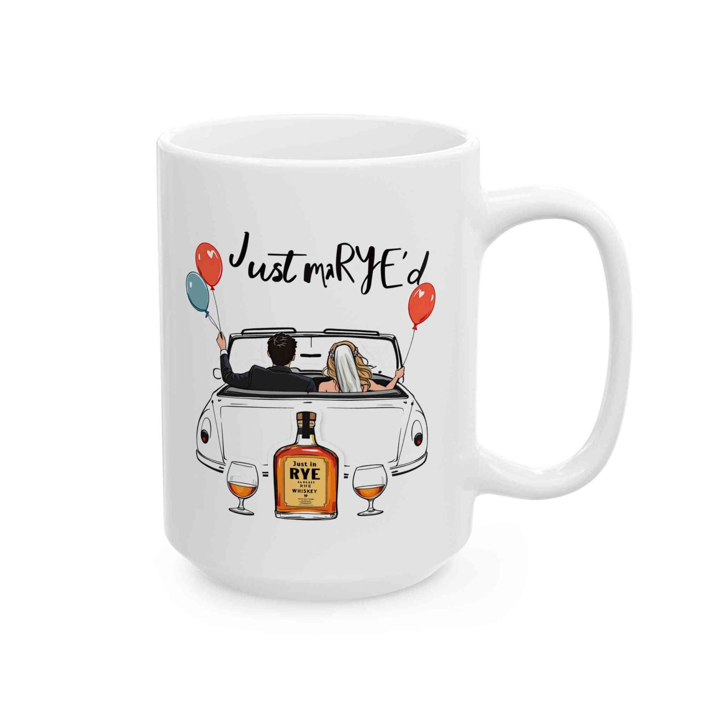 Large wedding whiskey mug with newlywed couple illustration and 'Just maRYEd' text, ideal for romantic and personalized wedding gifts.