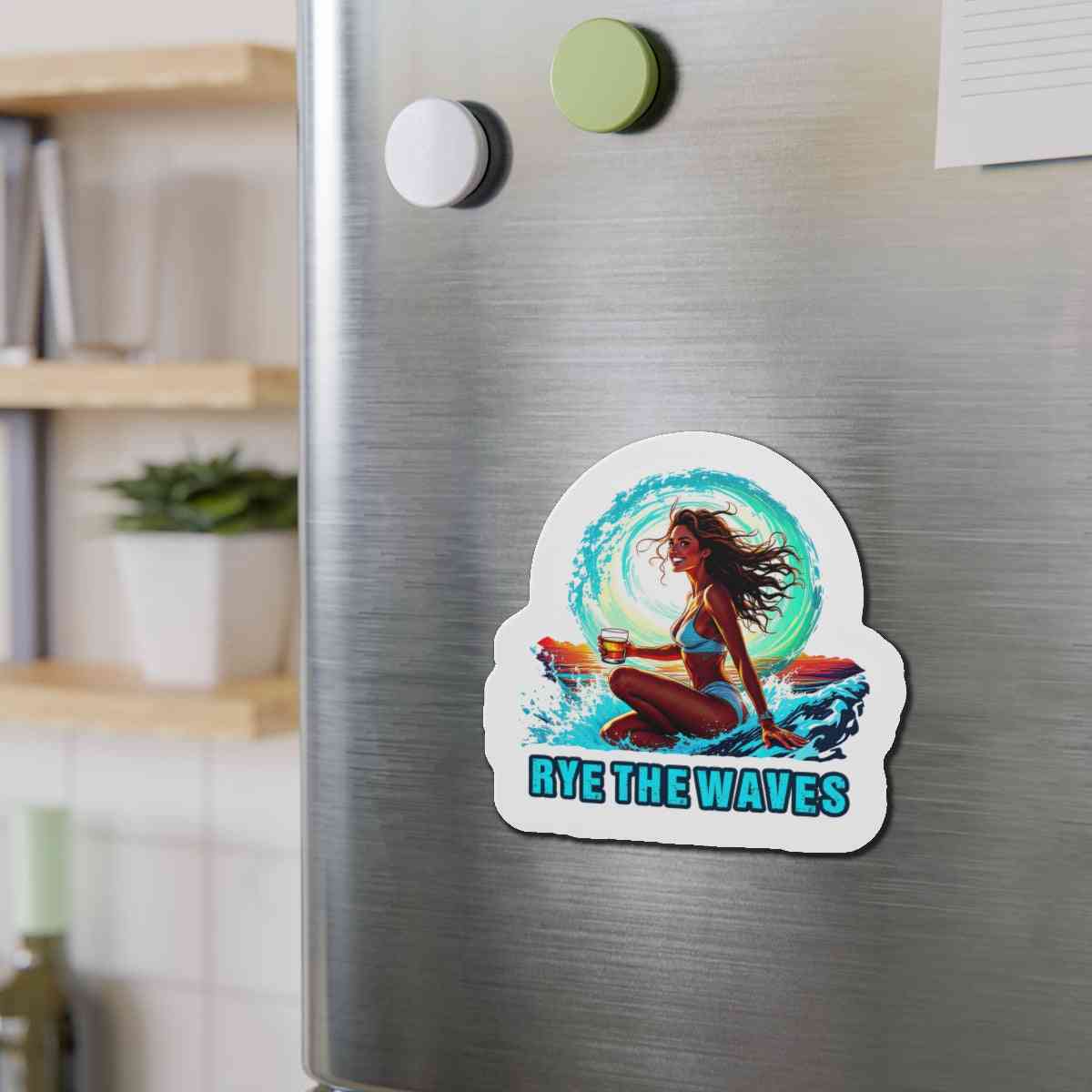 Surfer Girl Whiskey Magnet on kitchen fridge, showcasing a fun and artistic take on surf and whiskey culture.