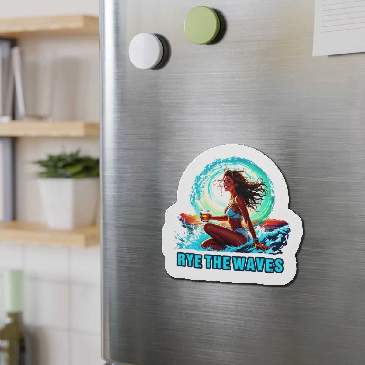 Surfer Girl Whiskey Magnet on kitchen fridge, showcasing a fun and artistic take on surf and whiskey culture.