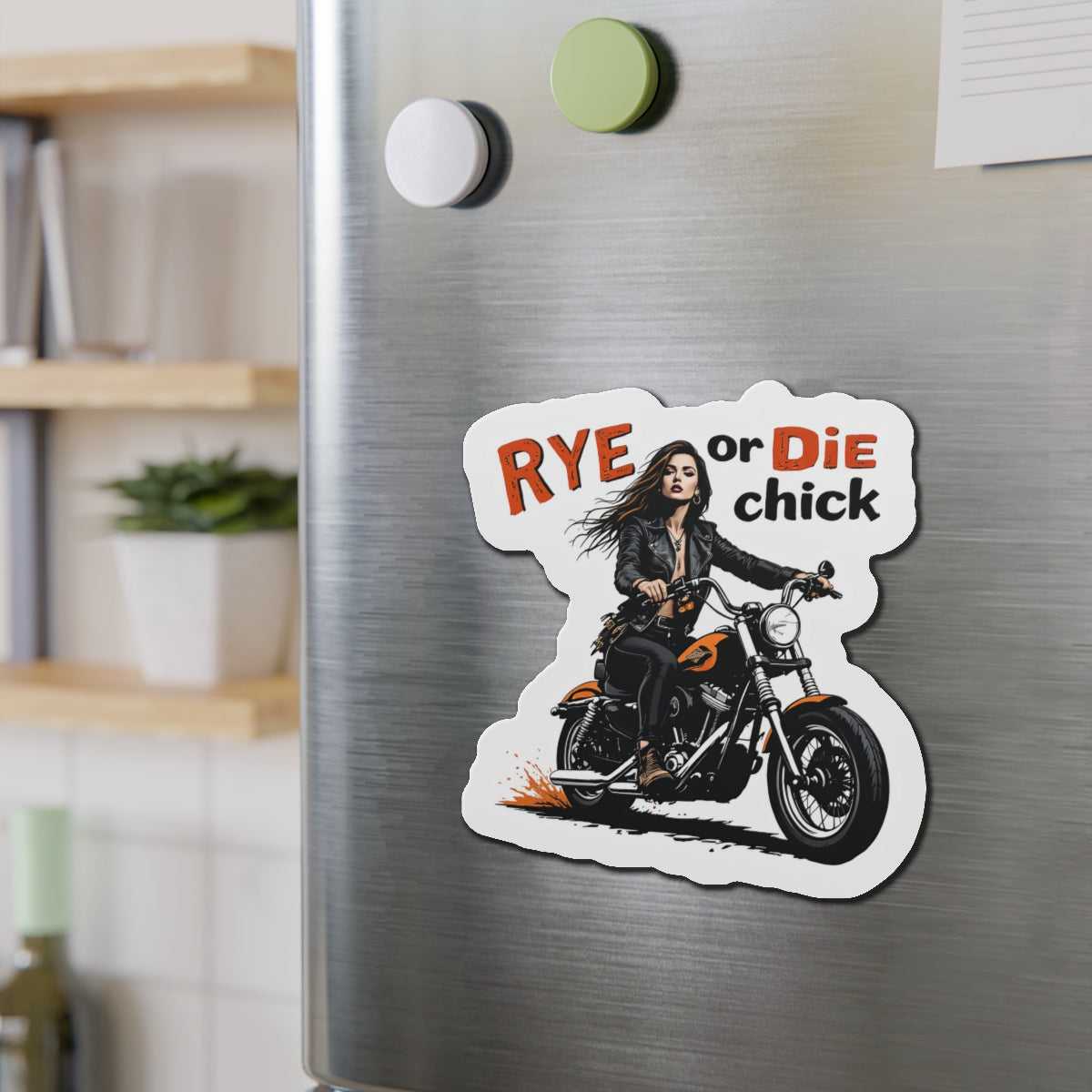 Whiskey Die-Cut Magnet for Rye Lovers with a rebellious biker chick design, ideal for adding flair to magnetic surfaces.