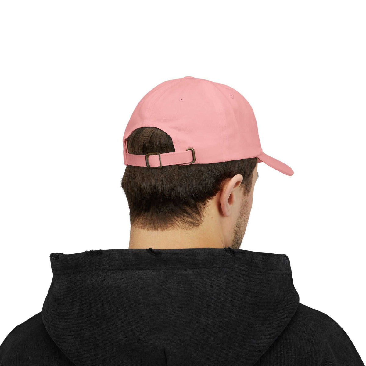 Rear view of pink Classic Whiskey Drinking Hat featuring adjustable strap and soft cotton material for stylish comfort.