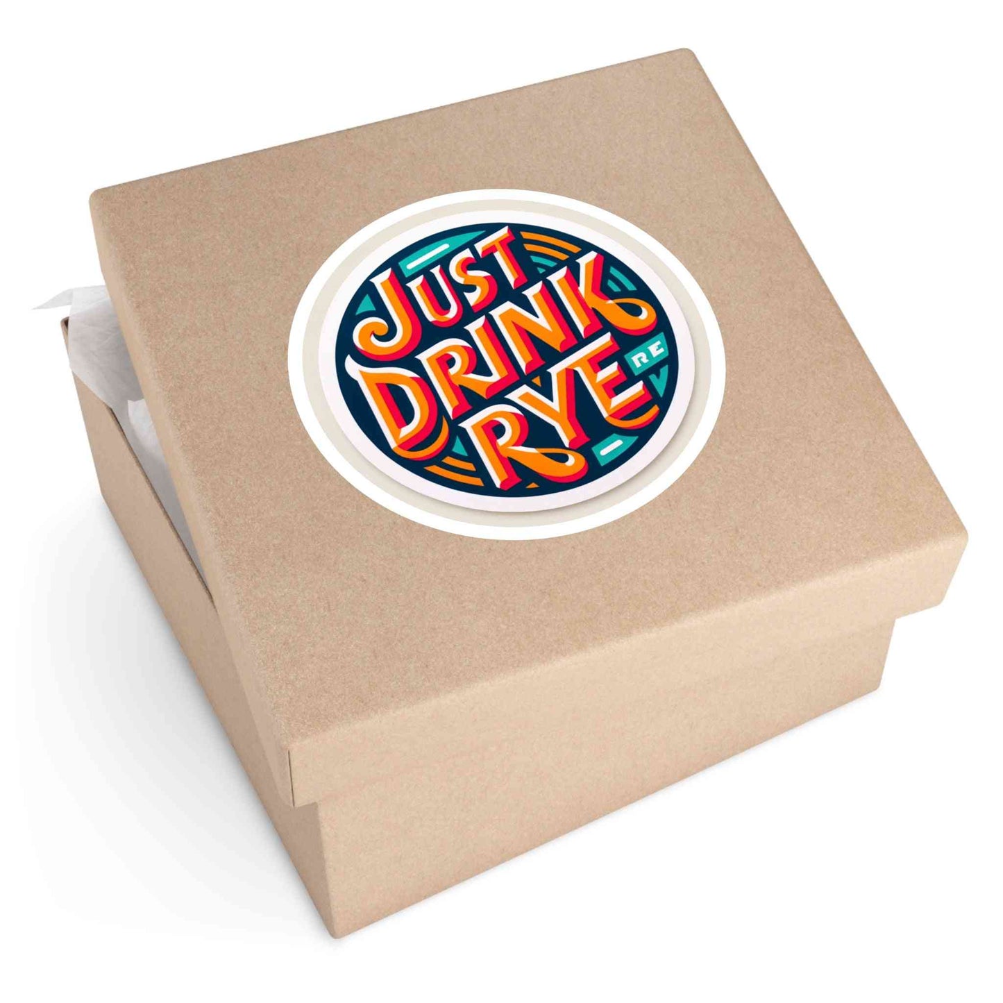 Vinyl Rye Whiskey Sticker on a kraft gift box, adding a fun, whiskey-themed touch to packaging or gift presentation.