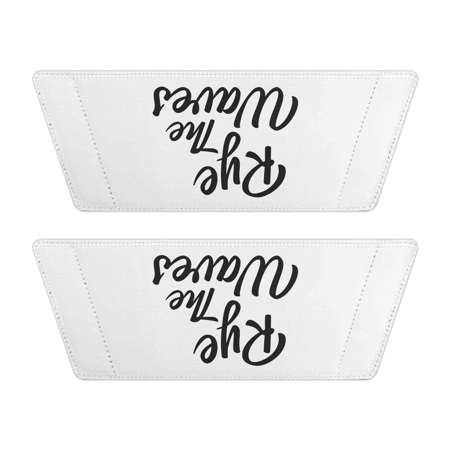 Close-up of removable sandal straps with 'Rye The Waves' text, part of Whiskey Beach Sandals for Women collection.