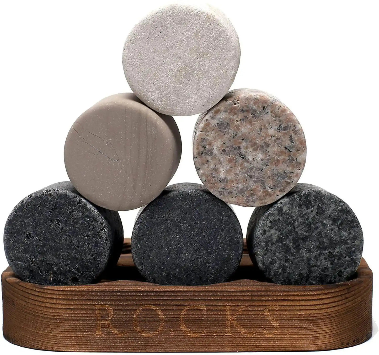 Whiskey Stones for Perfect Chill Granite Cooling by RyeCentral, six polished stones in a wooden tray with branded gift packaging.