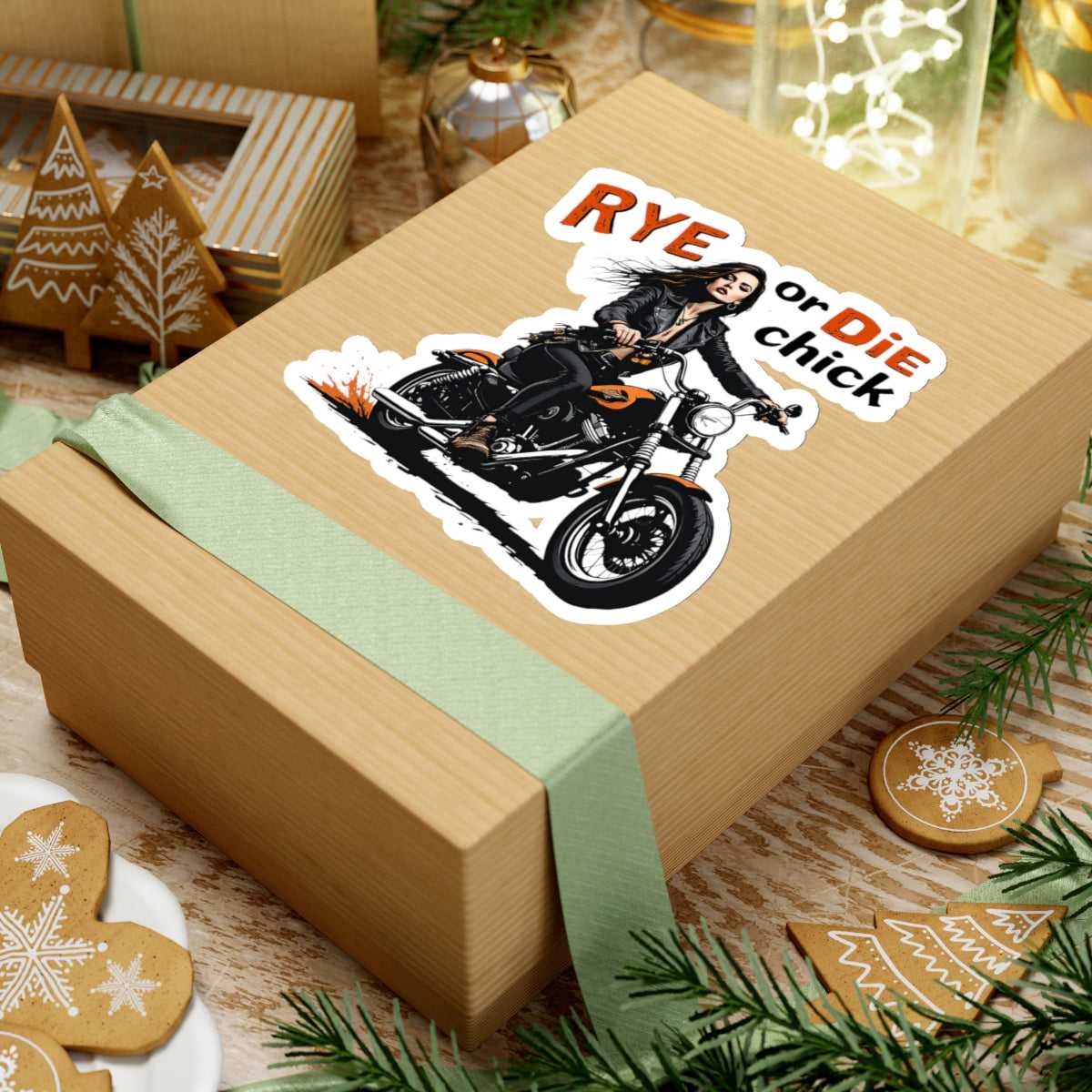 Bold whiskey-themed motorcycle decal on a gift box, great for customizing presents for ride-or-die girls.