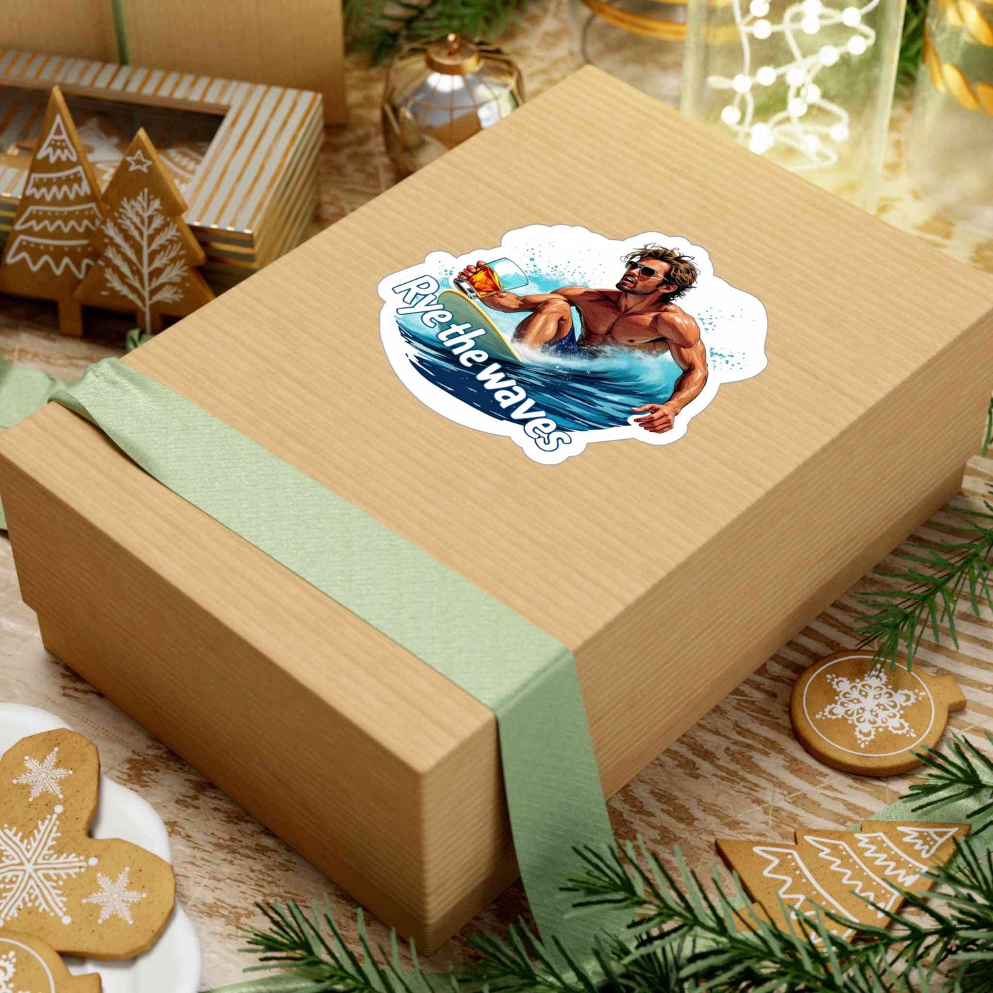 Surfers Whiskey Decal on gift box with holiday decor, combining surf humor and festive presentation with 'Rye the waves' slogan.