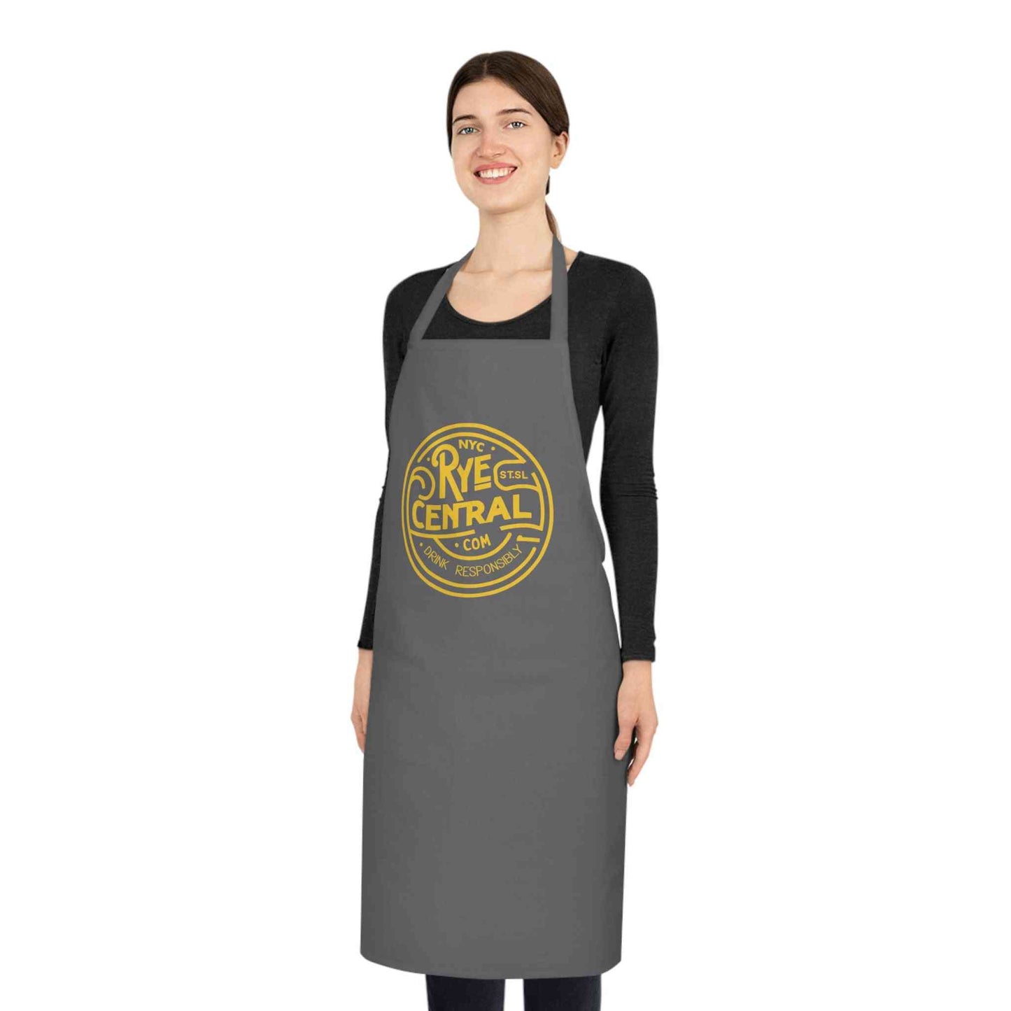 Model wearing Whiskey Bartender Apron with 'Rye Central' logo, showcasing stylish and practical design ideal for cocktail crafting and kitchen use.