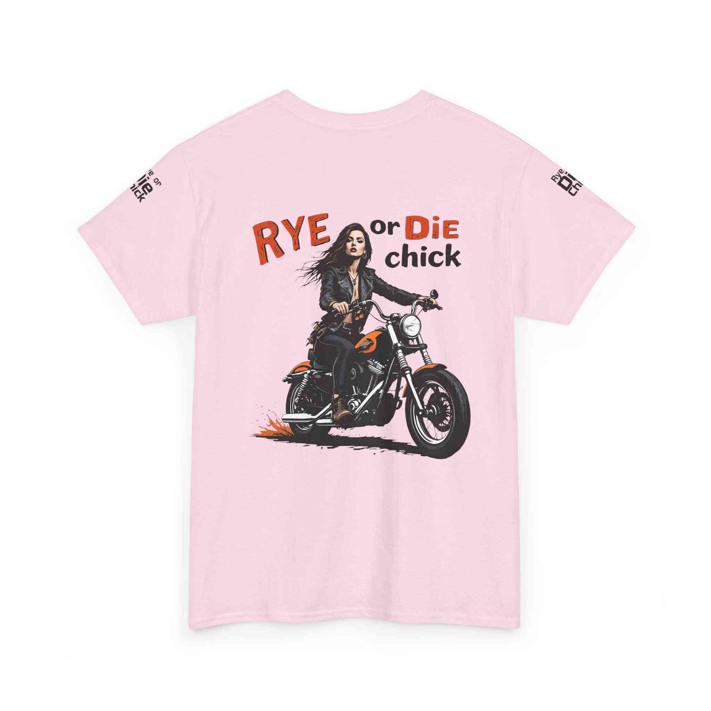 Back of pink Rye Whiskey T-Shirt featuring biker woman and bold 'Rye or Die Chick' text. Fun fashion for whiskey fans.