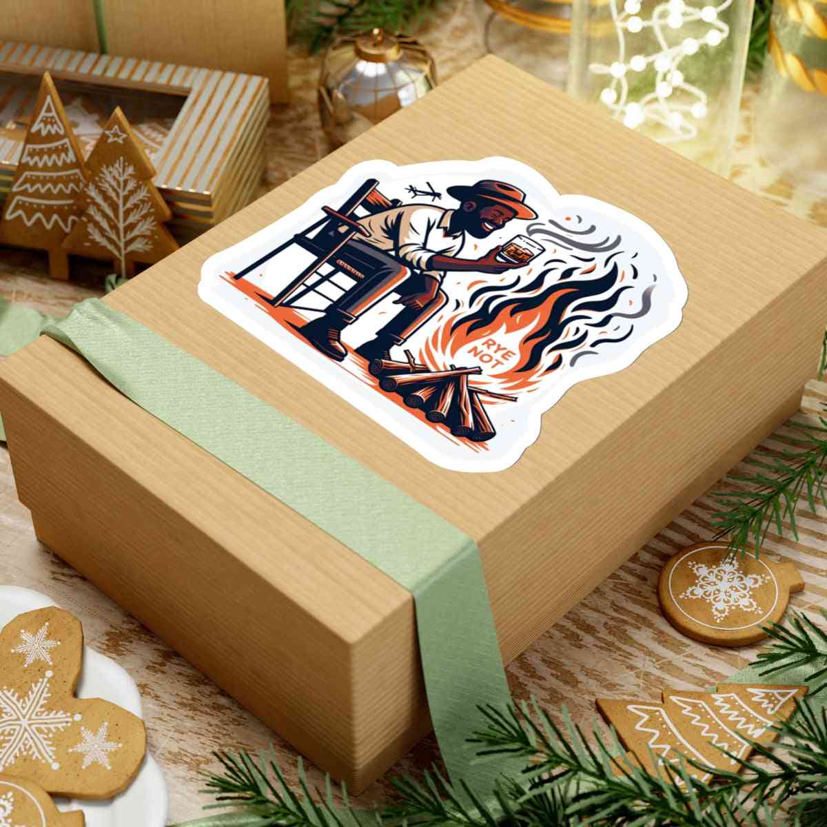 Large 'Rye Not' whiskey sticker on a festive gift box, perfect for whiskey-themed gifts and holiday packaging.