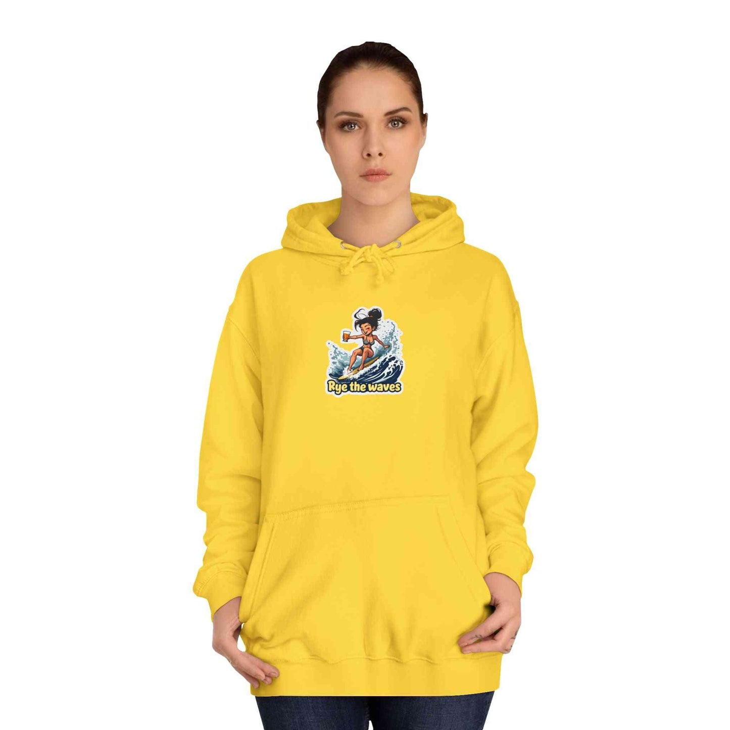Women's yellow Rye Whiskey Surf Hoodie featuring a vibrant surf design and loose fit, ideal for stylish comfort and vegan-friendly fashion.