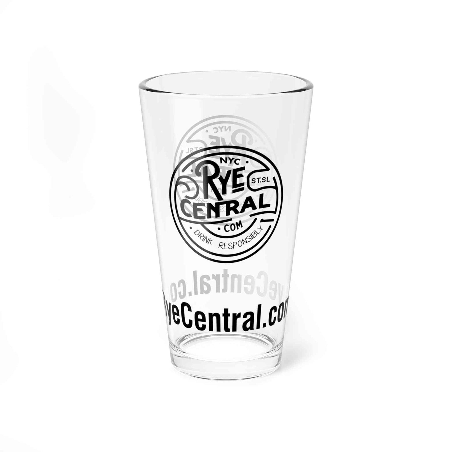 RyeCentral branded whiskey mixing glass with NYC-inspired logo, a must-have for mixologists and stylish drink presentation at home.