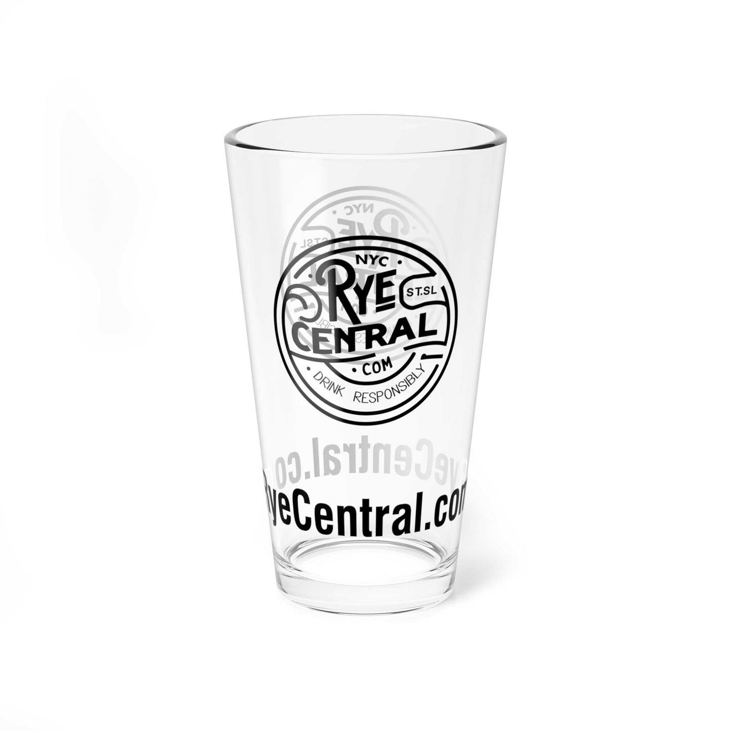 RyeCentral branded whiskey mixing glass with NYC-inspired logo, a must-have for mixologists and stylish drink presentation at home.