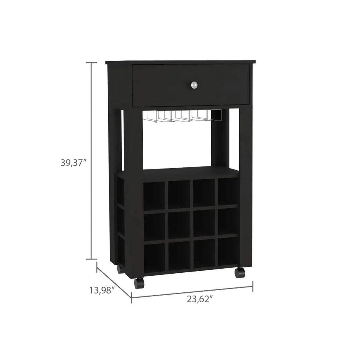 Black rolling bar cart with wine storage and glass rack, ideal for kitchen or dining room. Features drawer and mobile wheels for convenience.