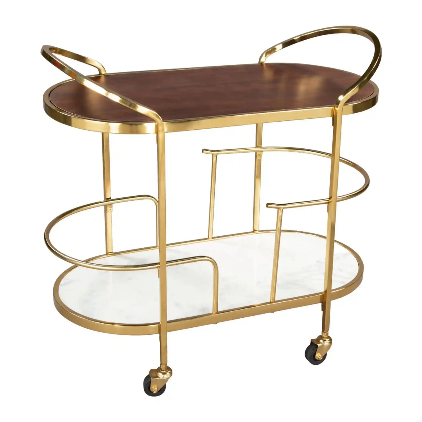 Marble & Acacia Oval Bar Cart with Brushed Gold Iron Frame