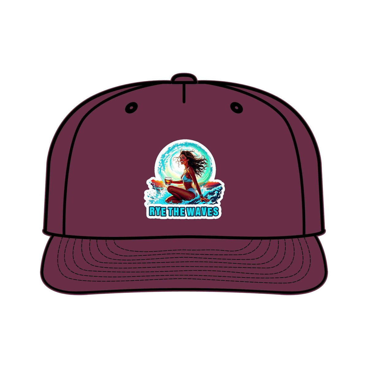 Maroon Whiskey Surf Cap with vibrant surf girl and 'Rye The Waves' print, sustainable unisex hat for outdoor and beach fashion.