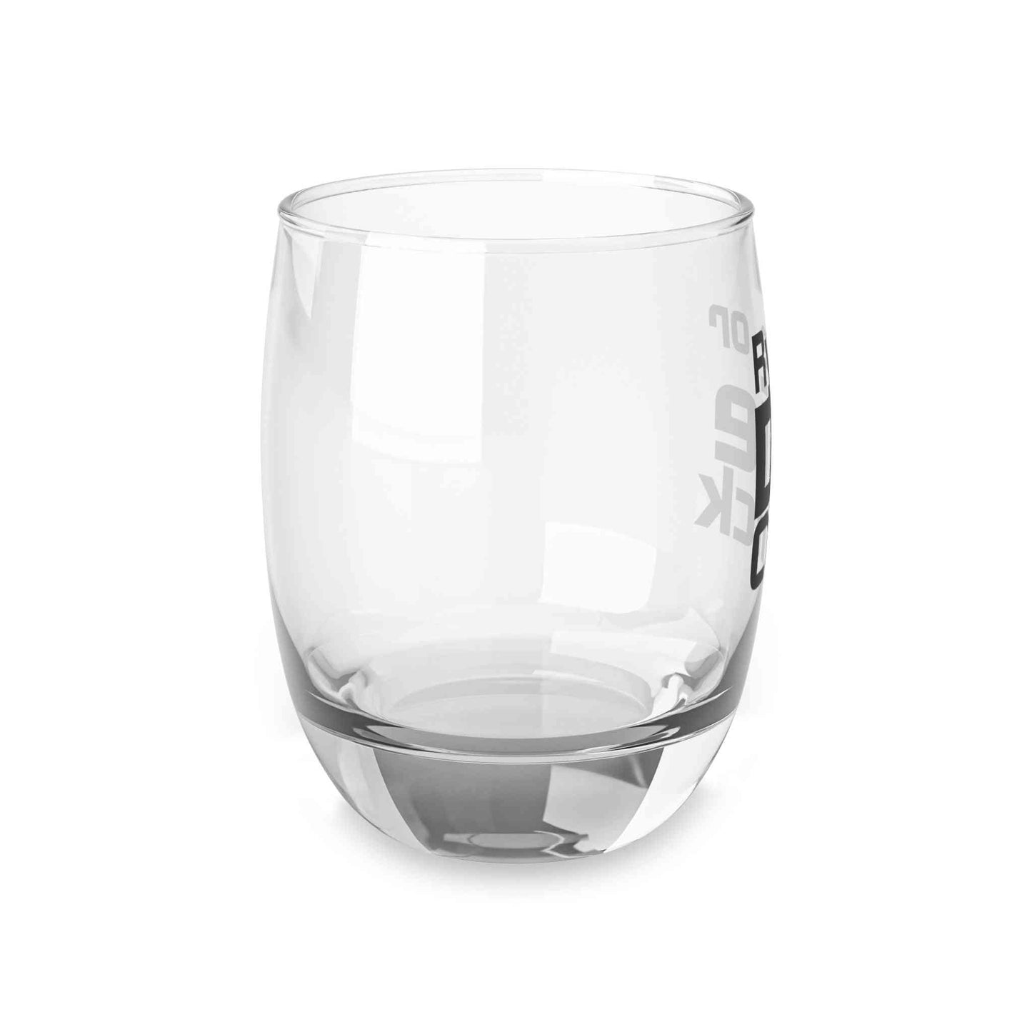 Angled side view of premium whiskey glass with partial 'Rye or Die Chick' text, highlighting its modern shape and clarity.