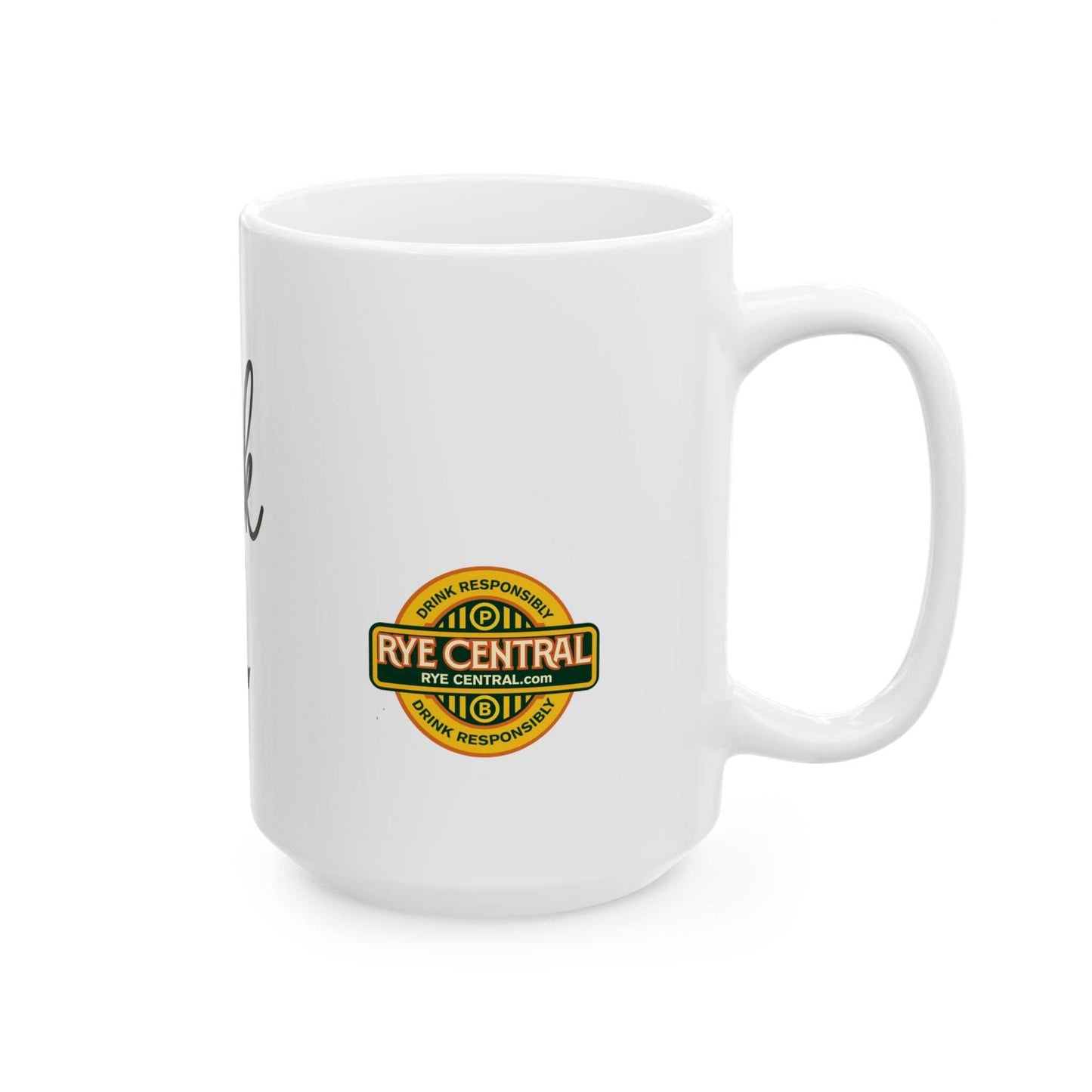 Side view of whiskey-themed mug with Rye Central branding, perfect for home & living drinkware or whiskey gifts for men and women.