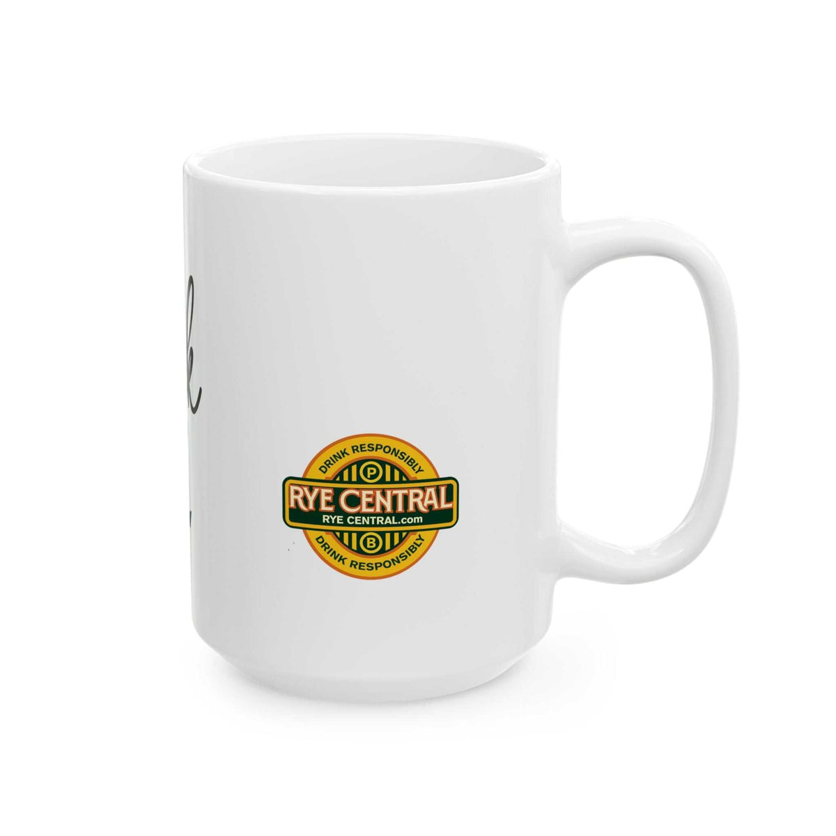 Side view of whiskey-themed mug with Rye Central branding, perfect for home & living drinkware or whiskey gifts for men and women.
