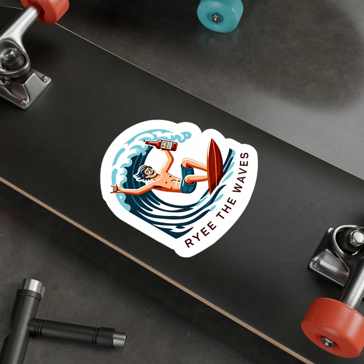 Oversized vinyl whiskey decal on skateboard showing surfer with whiskey bottle and 'Ryee the Waves' slogan, ideal for bold statements.