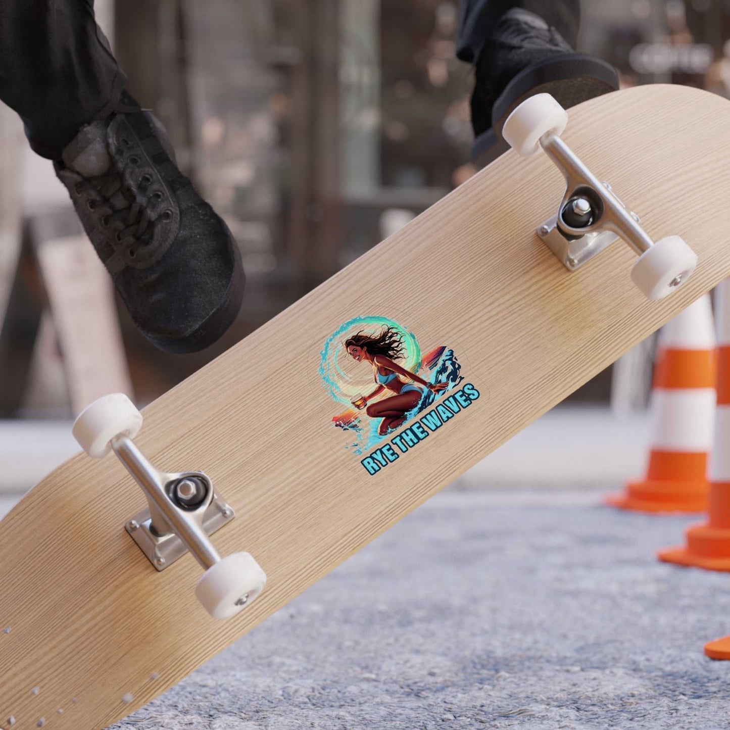 Rye The Waves Sticker on tan vehicle, features a surfing woman with whiskey glass, perfect for outdoor personalization.