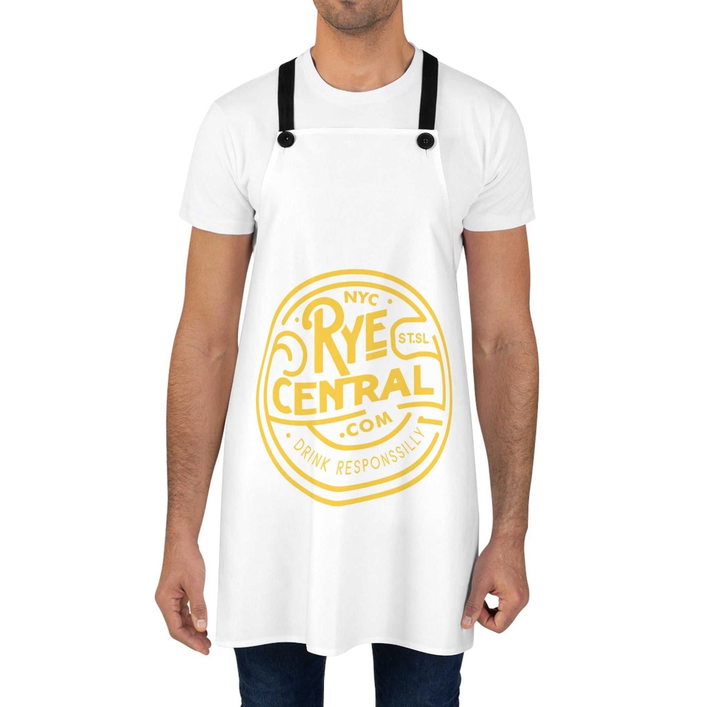 Man modeling bartender apron with humorous Rye Central whiskey design, great for grilling, mixing drinks, or gifting to whiskey fans.