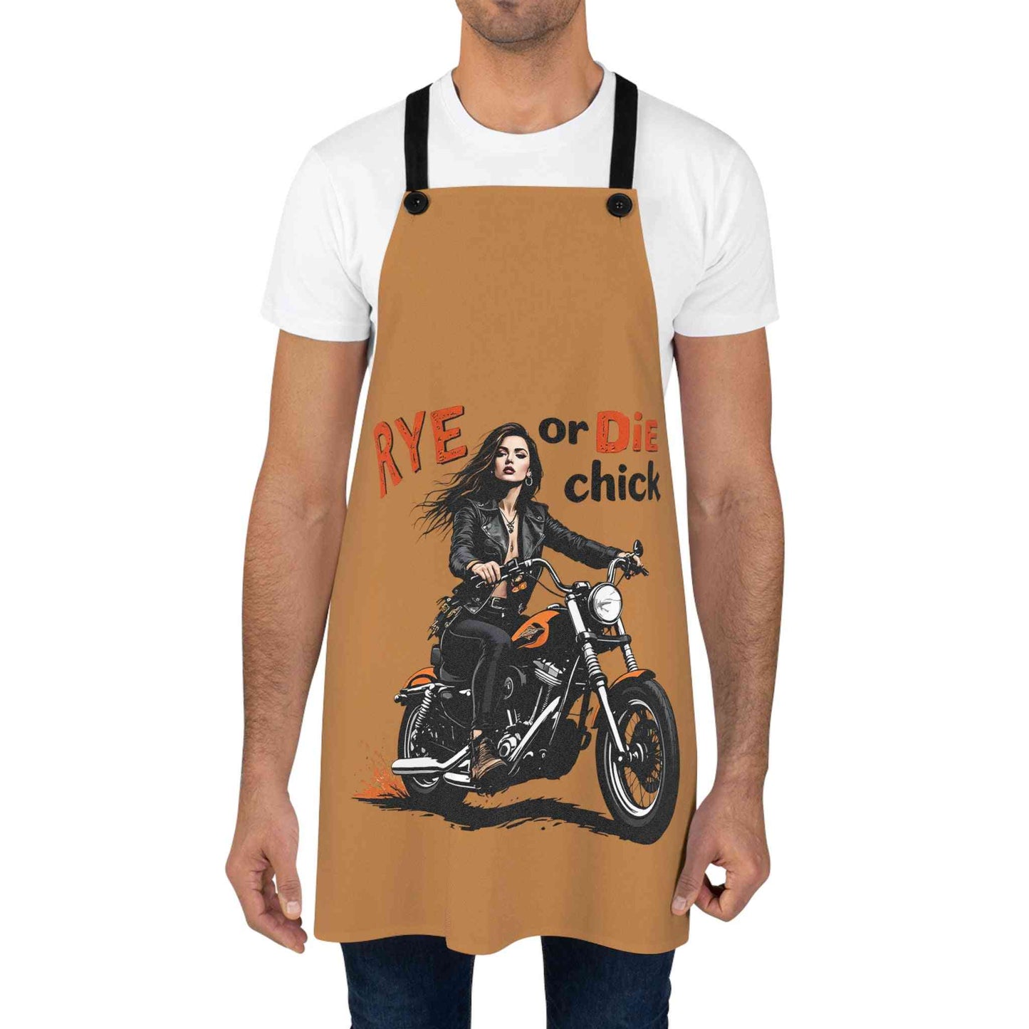 Man modeling the 'Rye or Die Chick' Whiskey Apron with biker design, a unique accessory for whiskey fans and home mixologists.