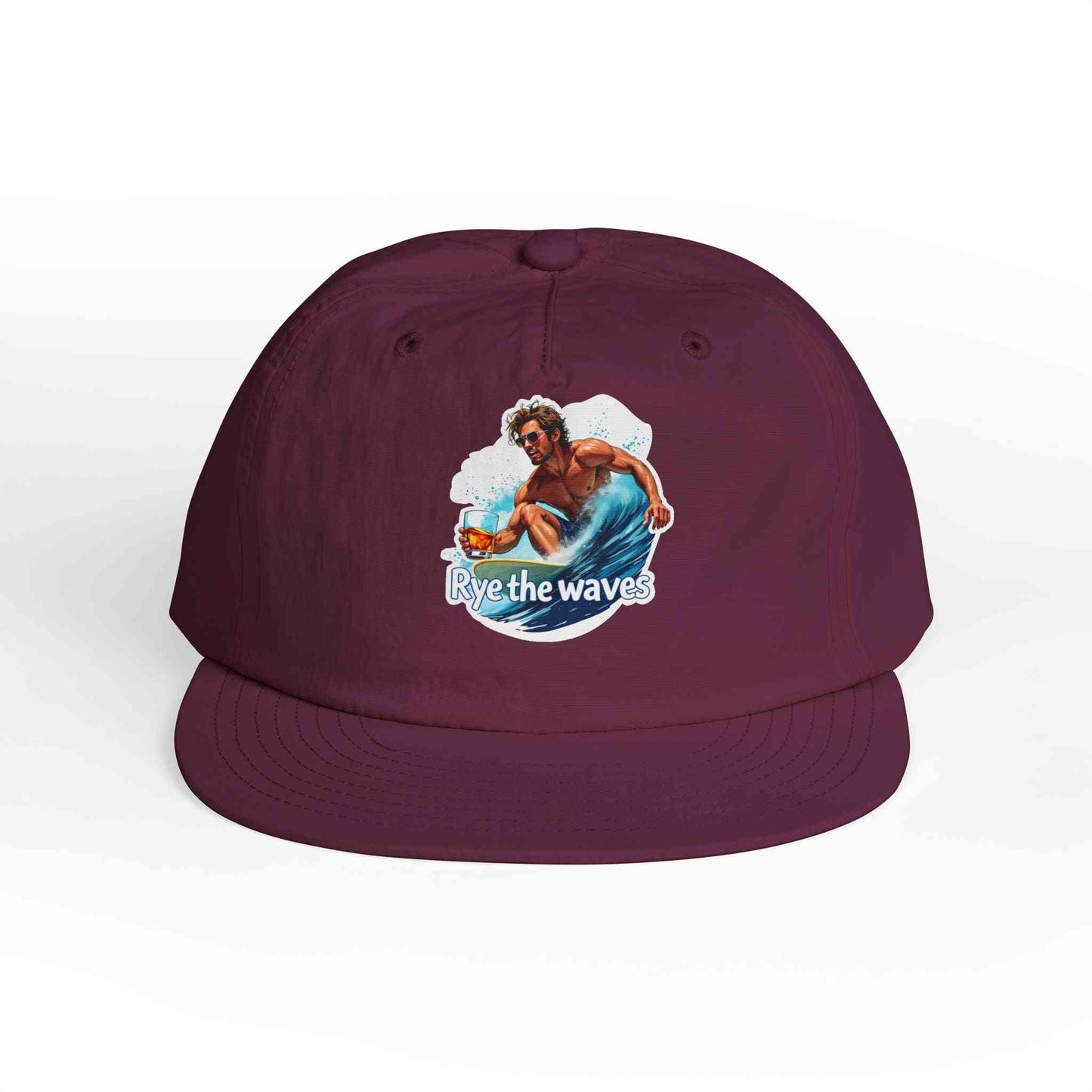 Maroon Whiskey Bent Hat for Surfers Eco-Friendly Cap with 'Rye the Waves' artwork, perfect for sustainable surf and streetwear.