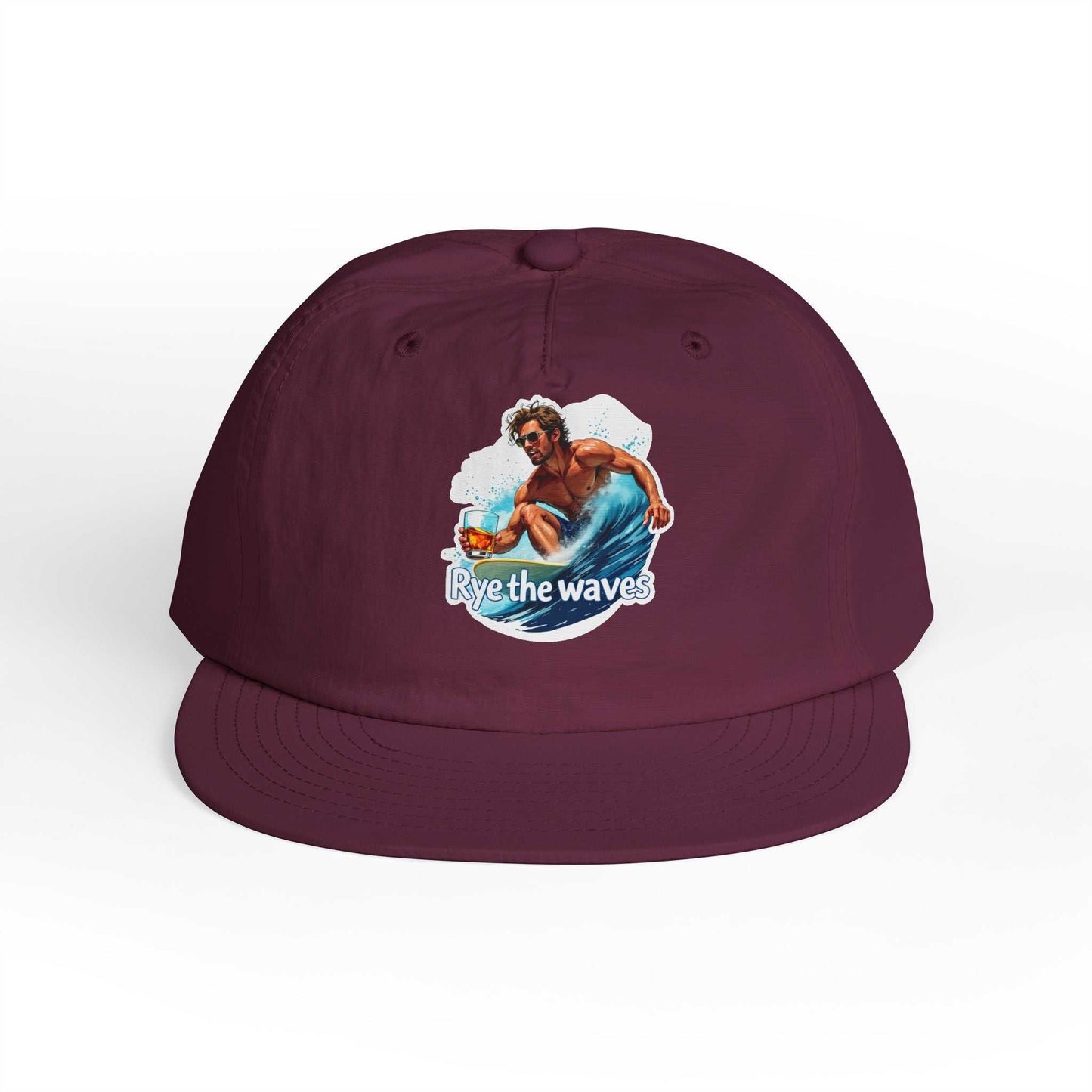 Maroon Whiskey Bent Hat for Surfers Eco-Friendly Cap with 'Rye the Waves' artwork, perfect for sustainable surf and streetwear.