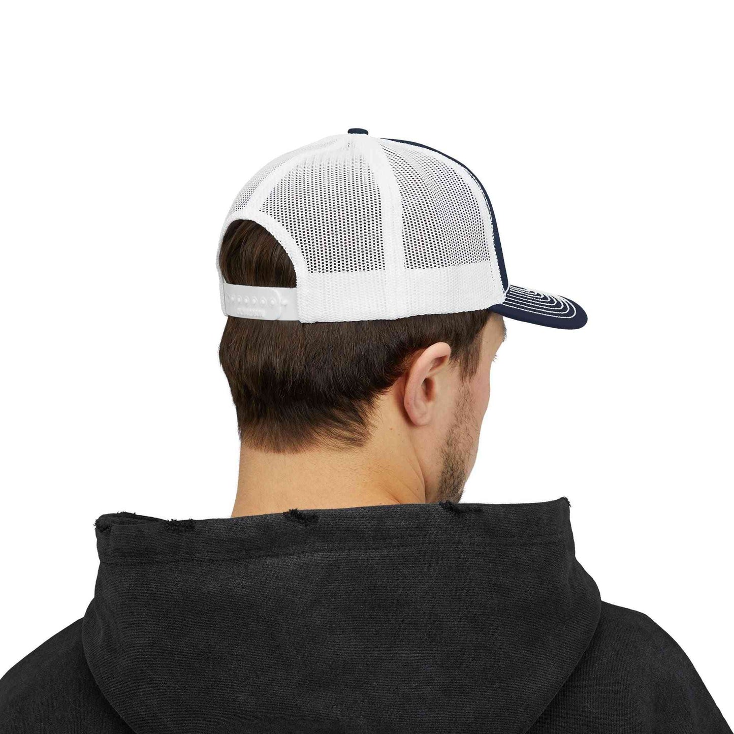 Rear view of navy and white mesh Golf Dad Hat with snapback closure, perfect whiskey gift for golf enthusiasts.