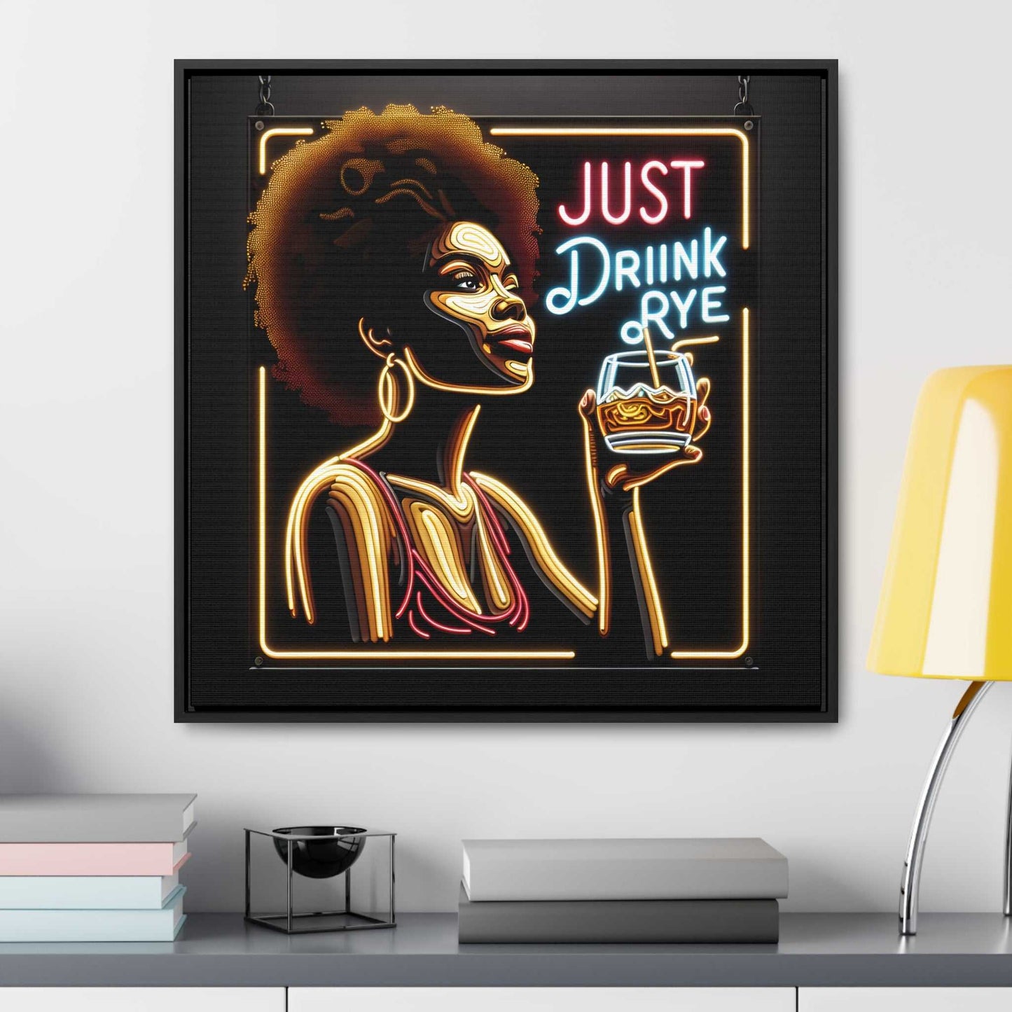 Stylish whiskey-themed canvas art with neon glow effect, mounted on a wall in a modern interior, perfect for whiskey lovers' decor.