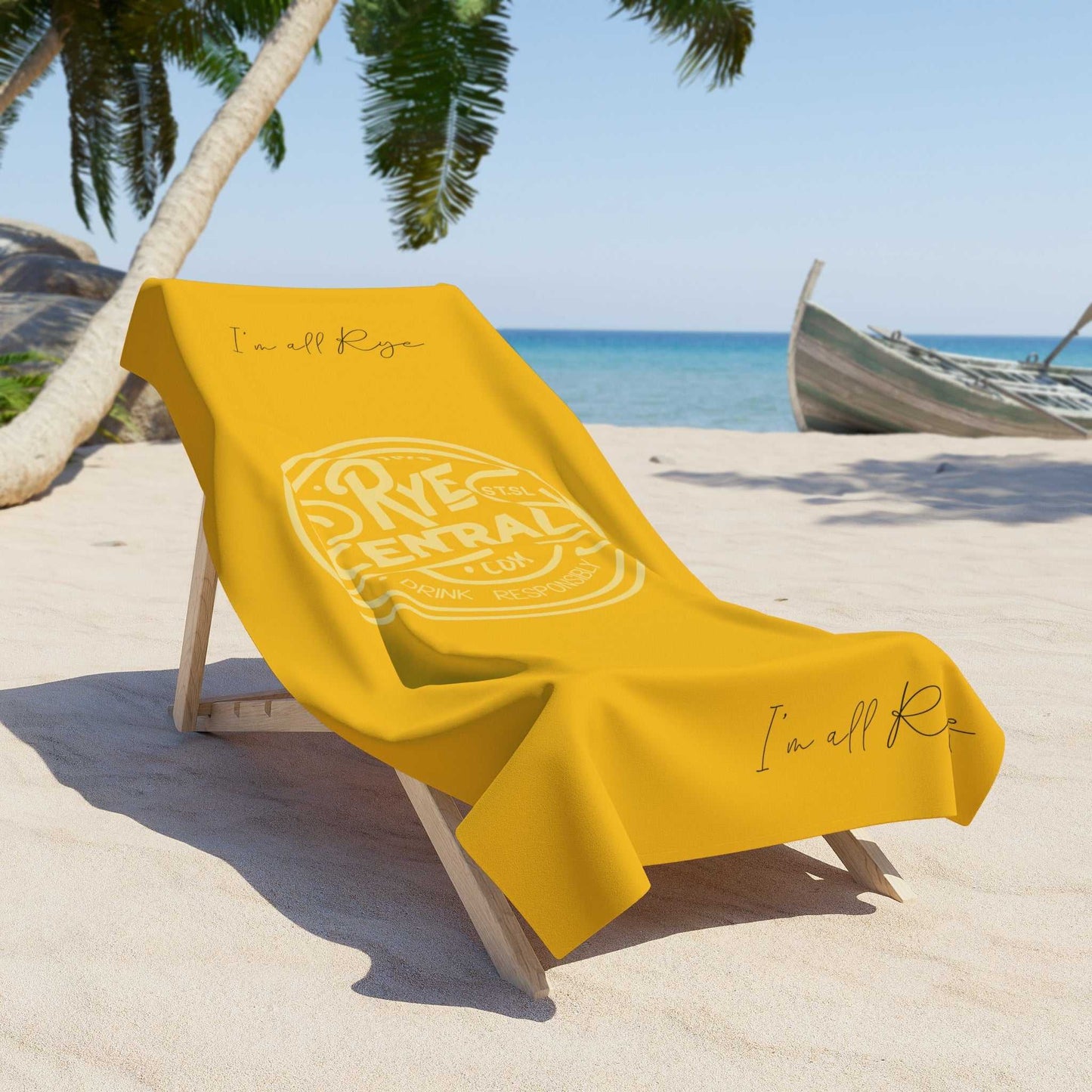 Rye Whiskey Beach Towel Fun and Style draped over a beach chair on sand, highlighting its bright color and fun design.