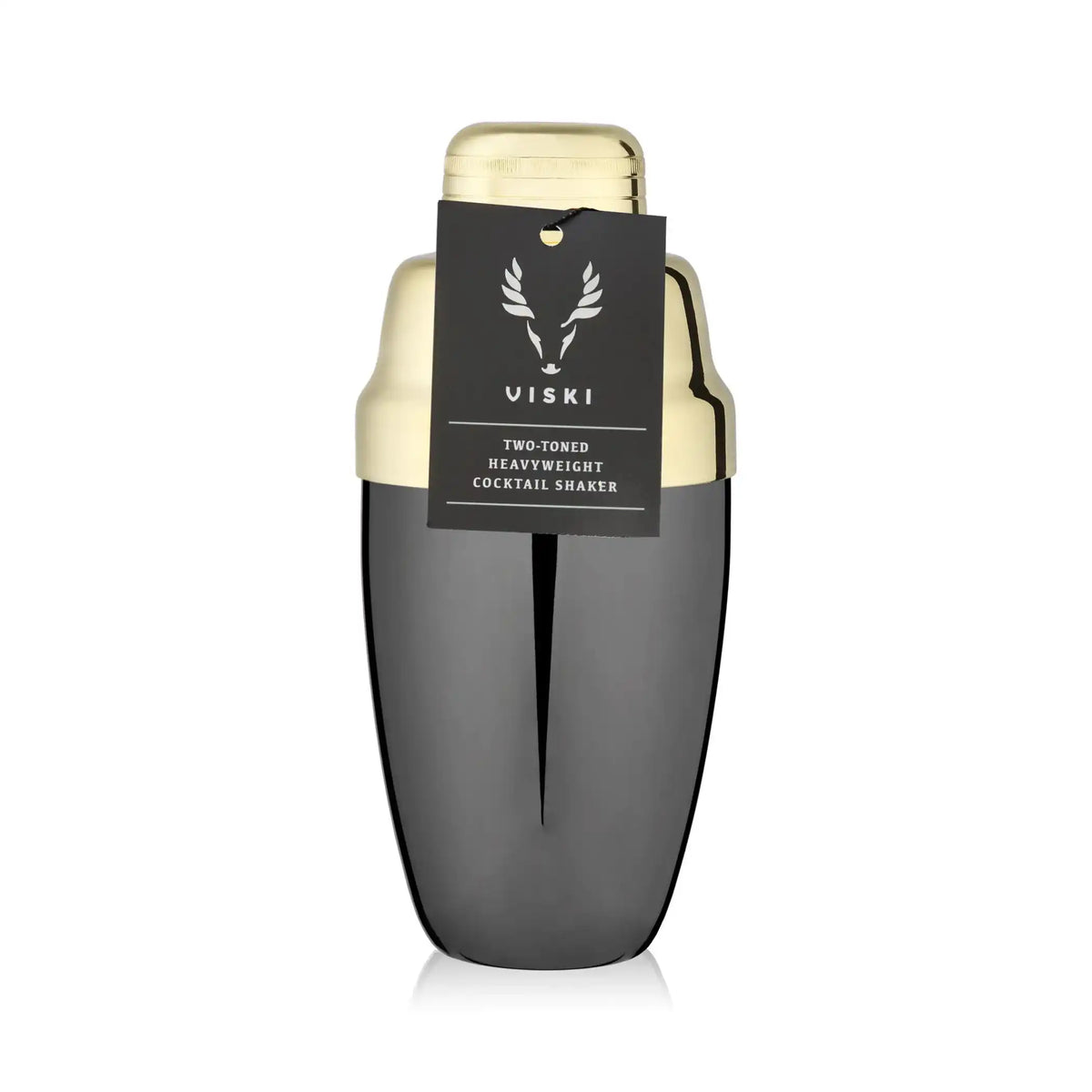 Viski Two-Toned Heavyweight Cocktail Shaker with brand tag — premium gold and gunmetal barware for rye whiskey cocktails