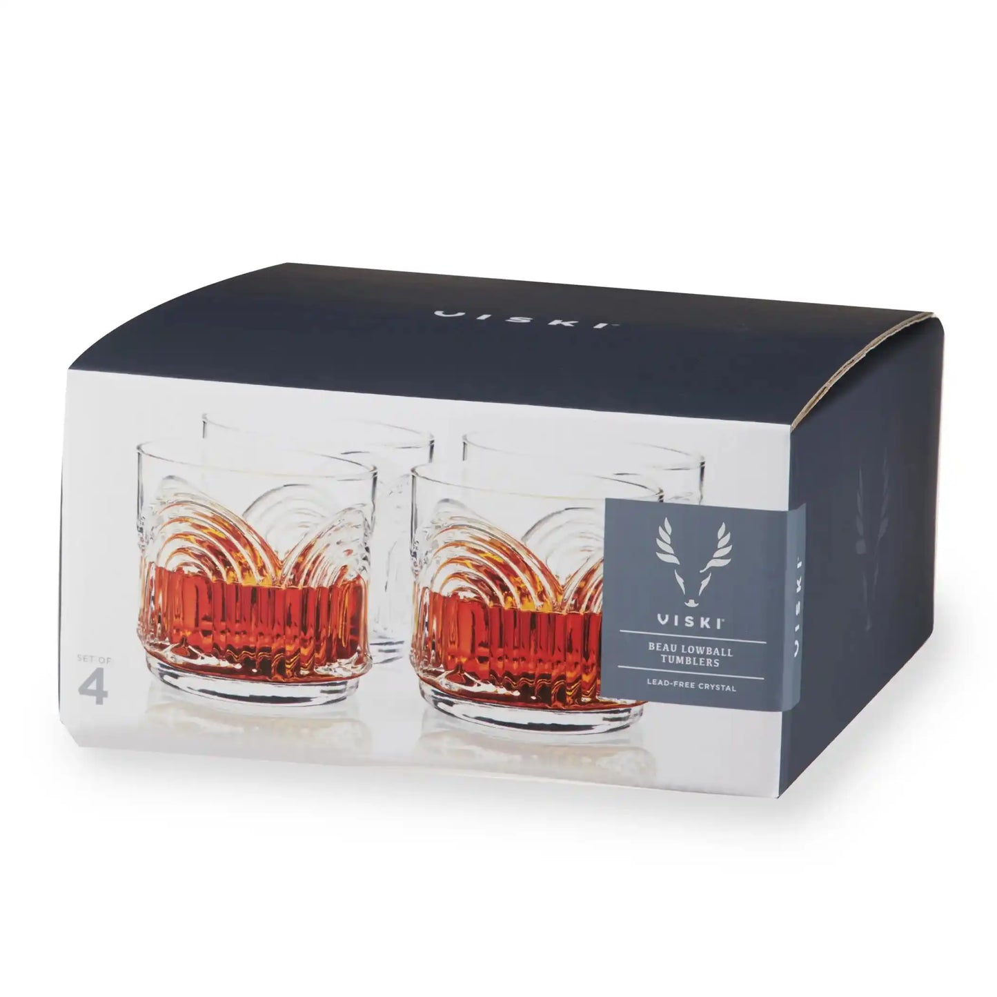 Beau Lowball Tumblers Ideal for Whiskey set of 4 by Viski, featuring stacked and filled glasses highlighting their elegant crystal craftsmanship.