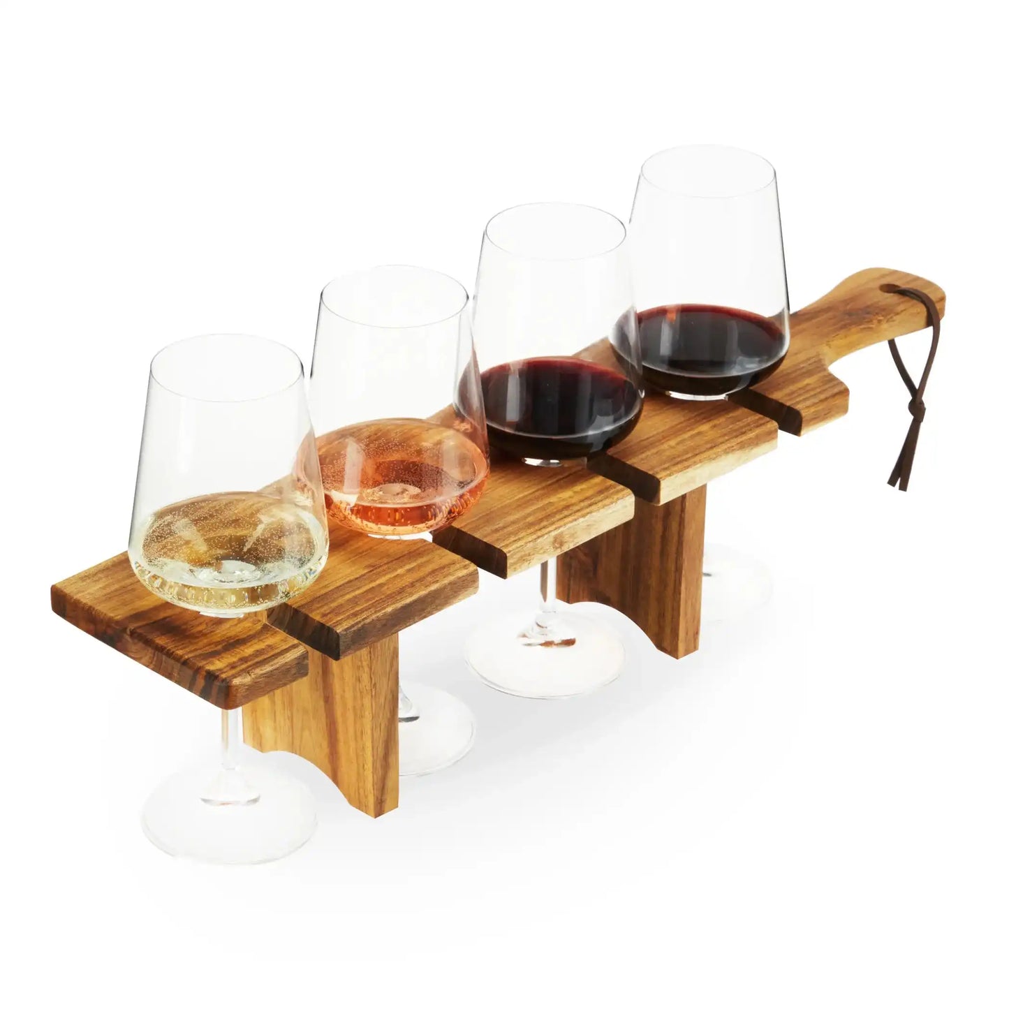 Acacia wood Easy Transport Flight Carrier with four wine glass slots and a leather strap, designed for stylish and easy wine service.
