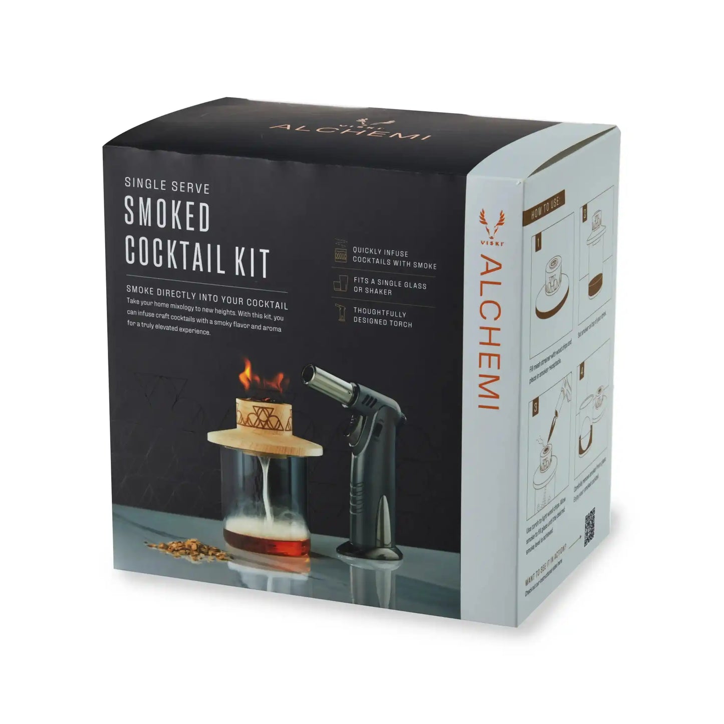 Complete Alchemi Single Serve Smoker Kit for cocktails by Viski with torch, wood lid, glass, filter, and wood chips. Essential bar accessory for smoky drinks.