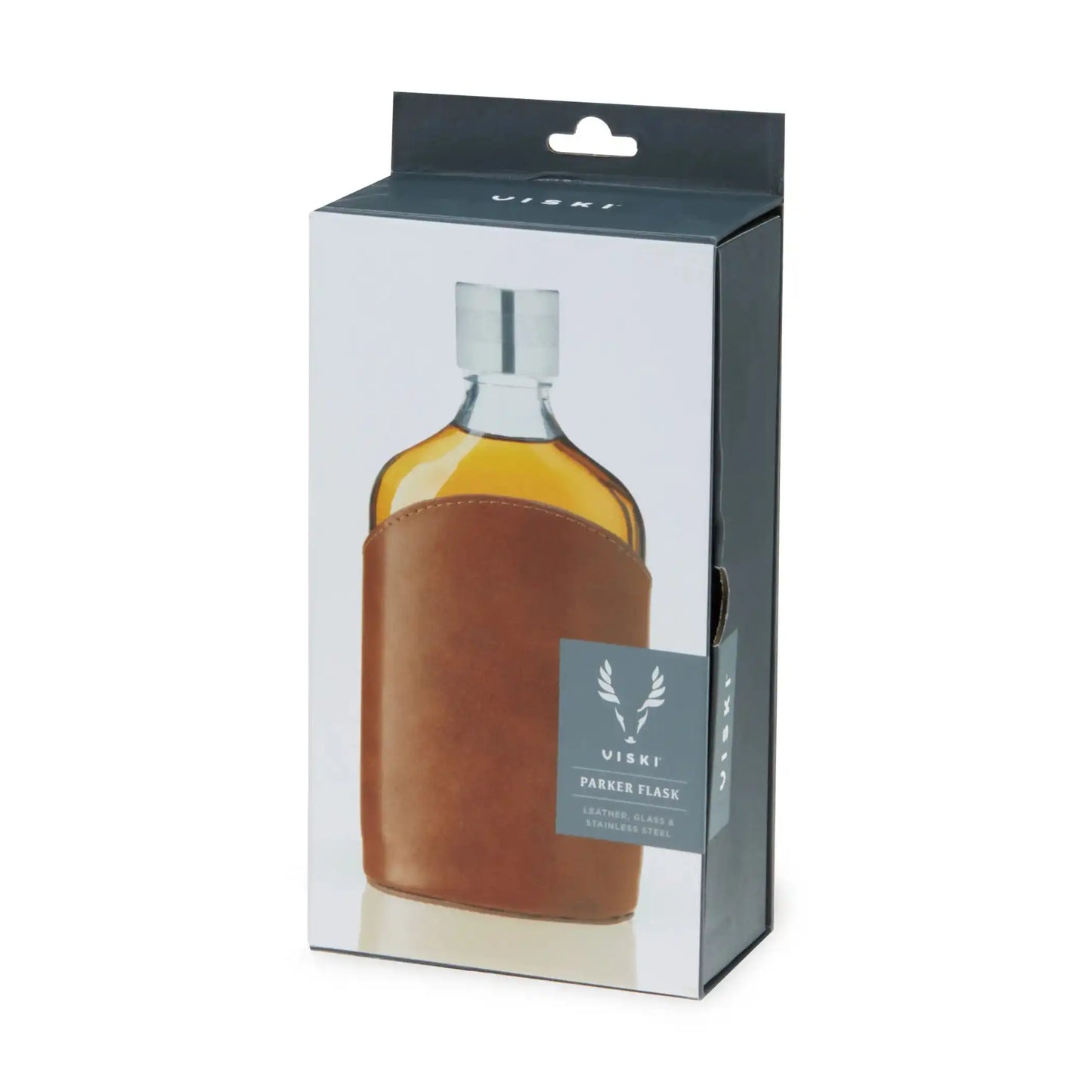 Viski Parker leather-wrapped glass flask in retail gift box packaging perfect whiskey lover groomsman gift